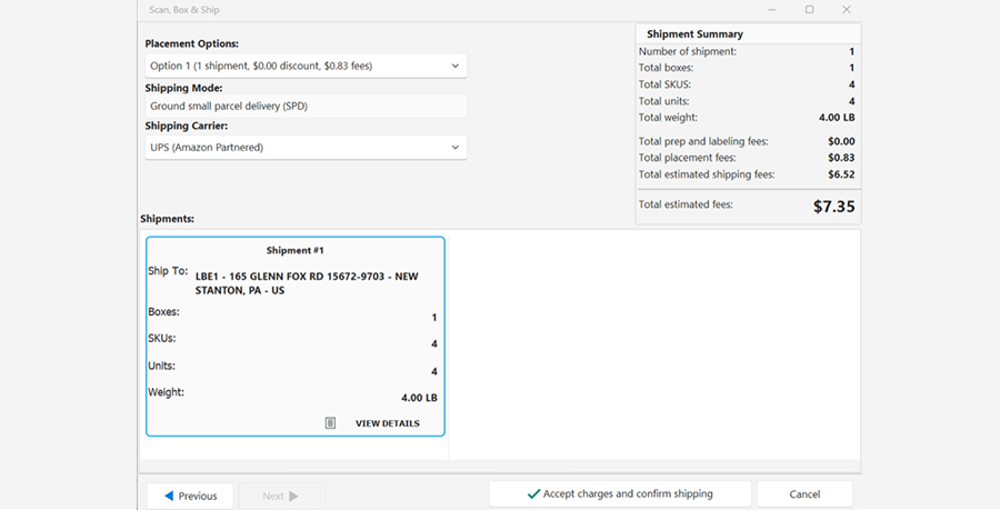 Shipping interface showing placement options, shipping mode and carrier, shipment details including destination and weight, and a shipment summary with fees totaling $7.35.