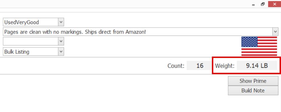 Software interface showing item condition set to Used Very Good, description about clean pages shipping from Amazon, a count of 16 items, and total weight of 9.14 pounds with an American flag icon.