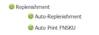 Checklist with green check marks for Replenishment, Auto-Replenishment, and Auto Print FNSKU options.