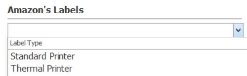 Dropdown menu under 'Amazon's Labels' heading showing label types: Standard Printer and Thermal Printer.