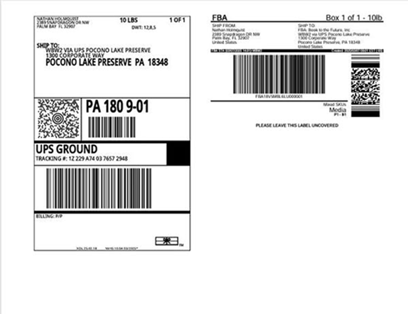 Shipping label with multiple barcodes and text including sender and receiver addresses for Pocono Lake Preserve, PA, and UPS Ground tracking number.