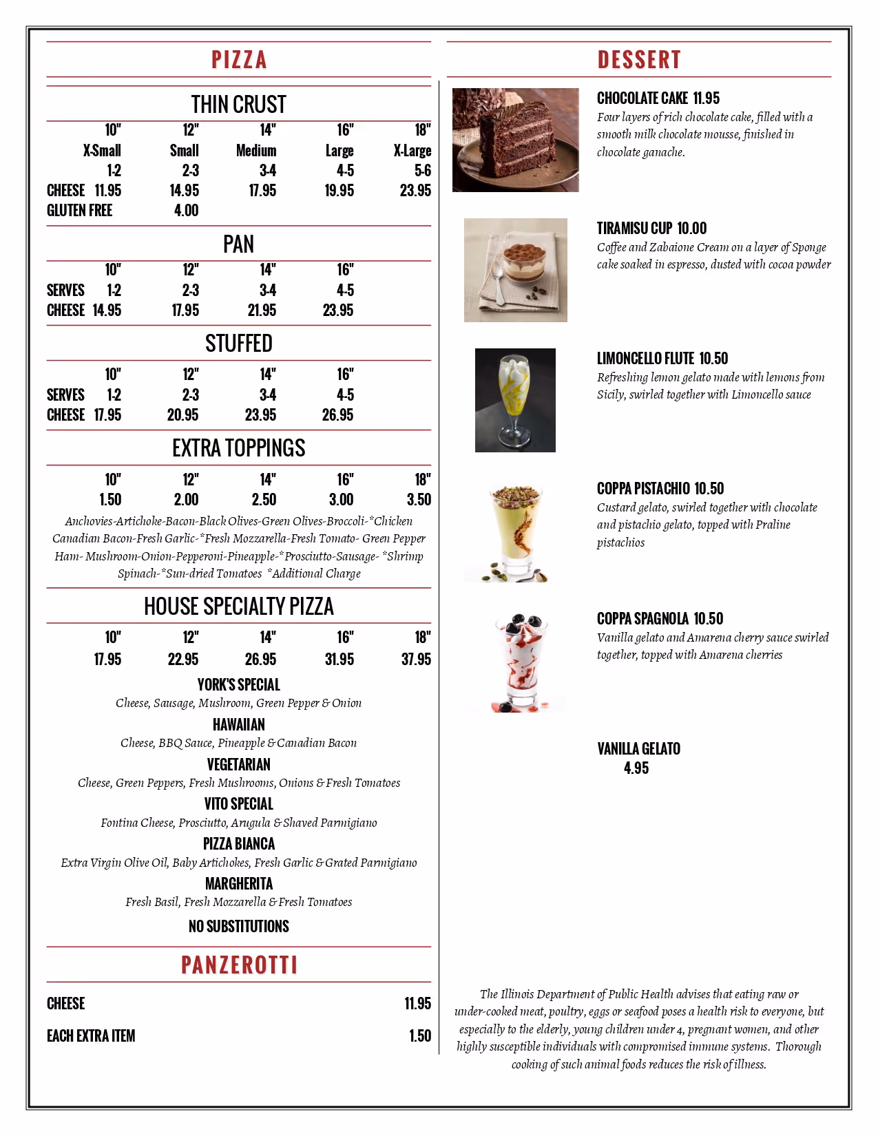 York Tavern Pizza & Desserts menu.