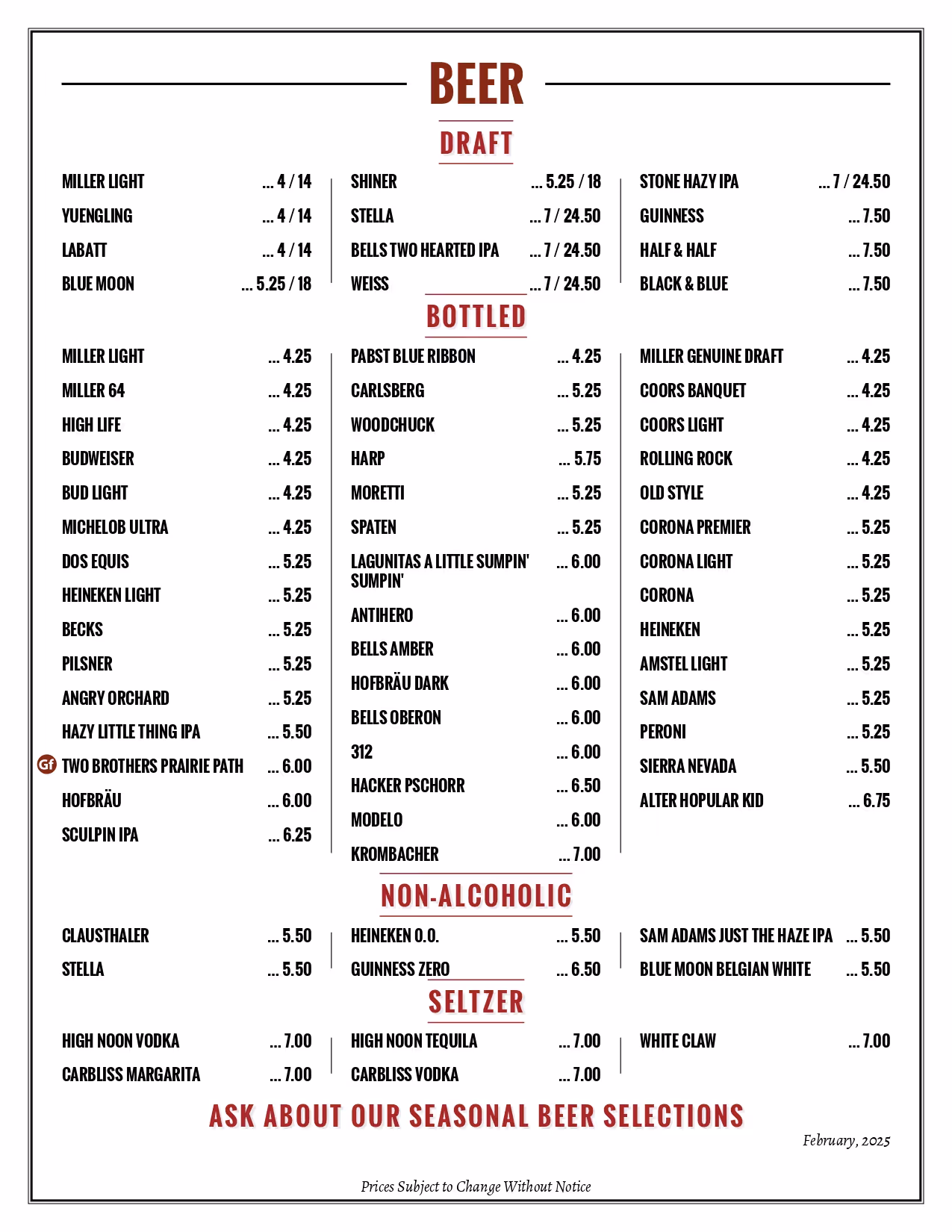 York Tavern Beer menu.