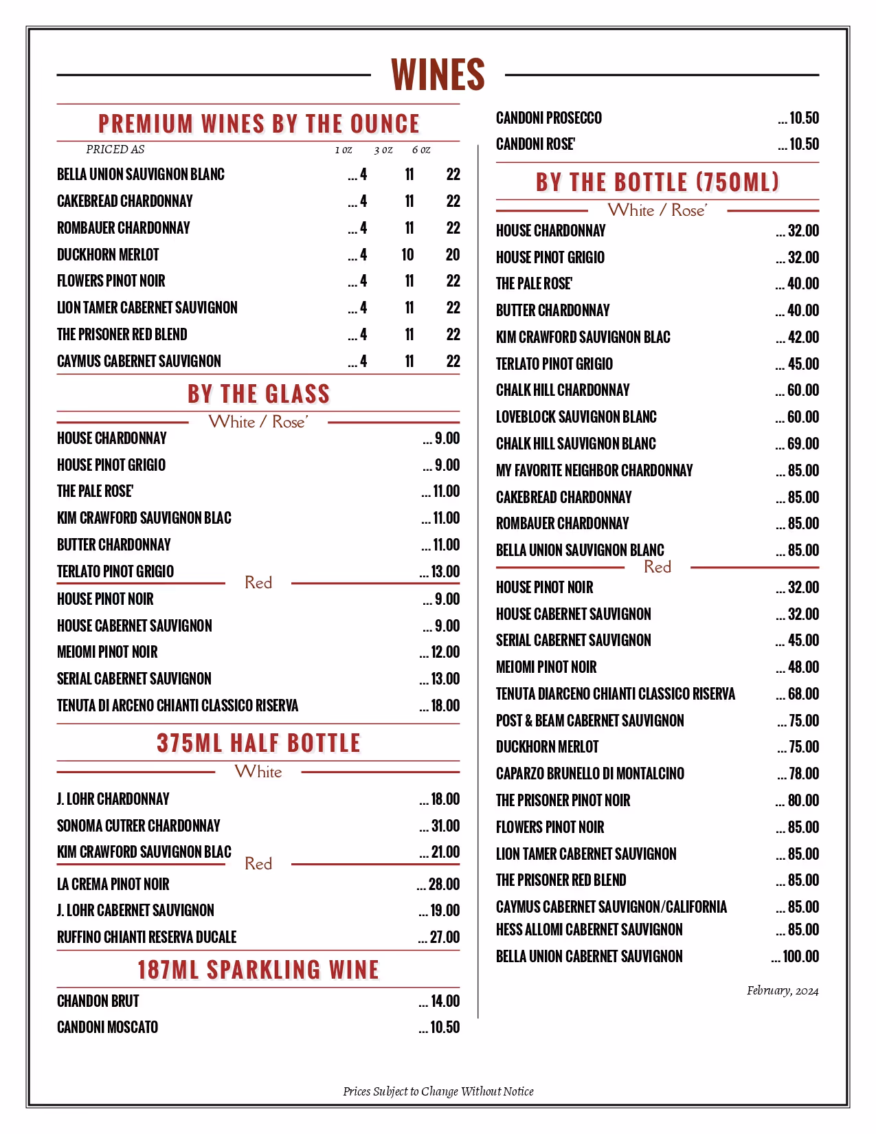 York Tavern Wine menu.