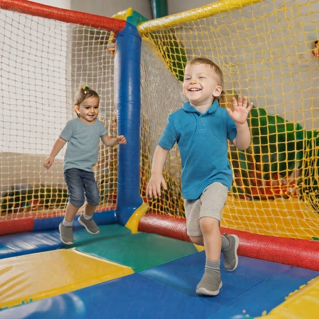Two young children happily jumping in a colorful indoor play area.