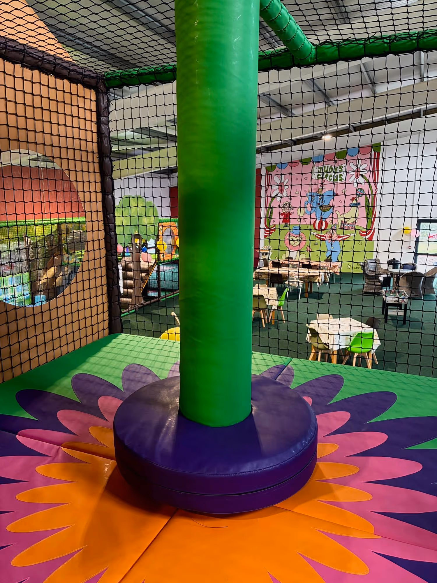 Indoor play area with colorful padded floor featuring a large green padded pole in the center surrounded by orange, purple, and pink flower petal shapes, enclosed by black safety netting.