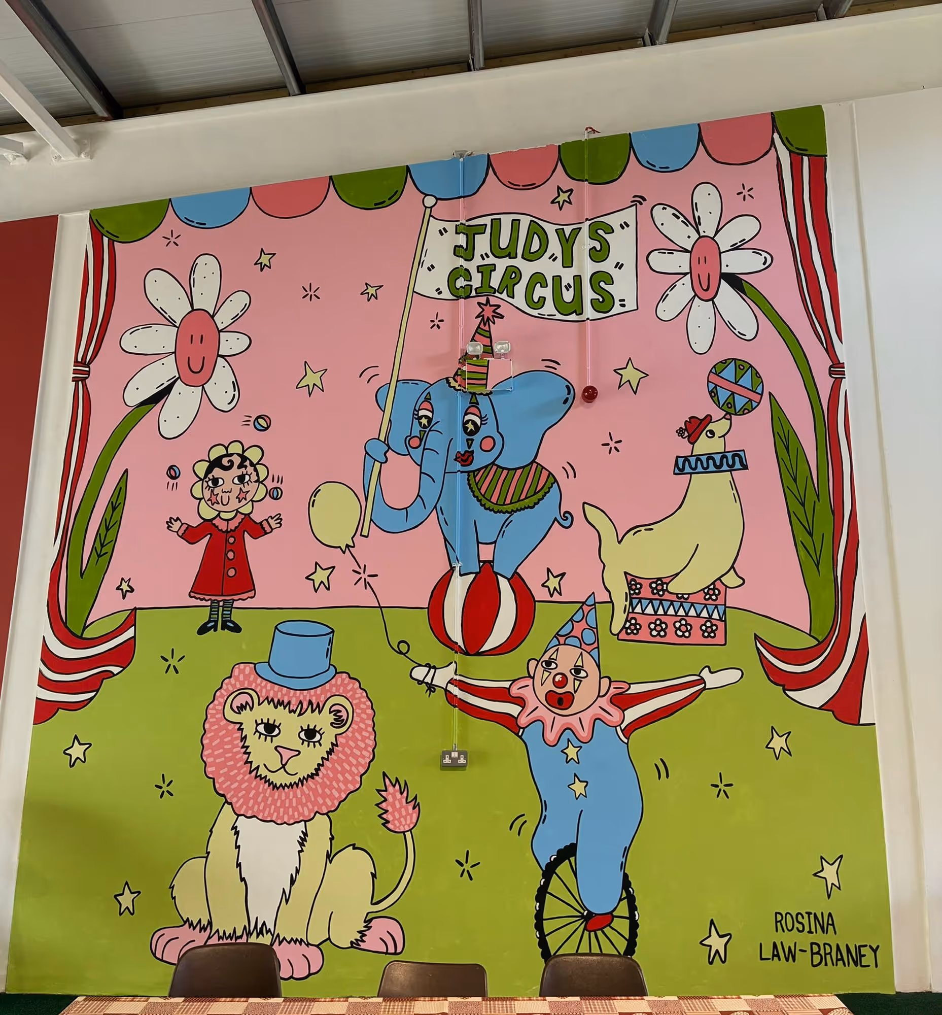 Colorful circus mural featuring a blue elephant balancing on a red and white ball holding a 'Judy's Circus' flag, a lion with a blue top hat, a clown on a unicycle, a seal balancing a ball, and a child in a red coat, all on a green and pink backdrop with large smiling white flowers.