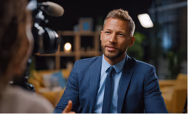 Man in blue suit speaking to a camera in a cozy indoor setting with blurred background.