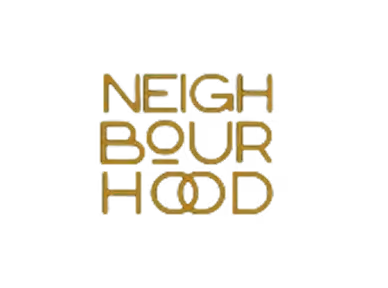 Word Neighbourhood in stylized gold lettering on a black background with two interlocking O's.