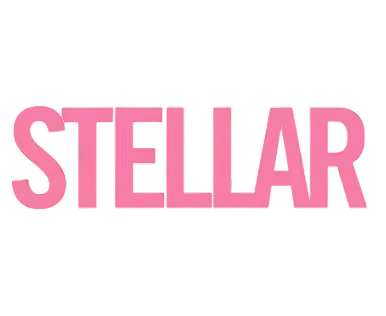 The word STELLAR in bold pink capital letters on a black background.