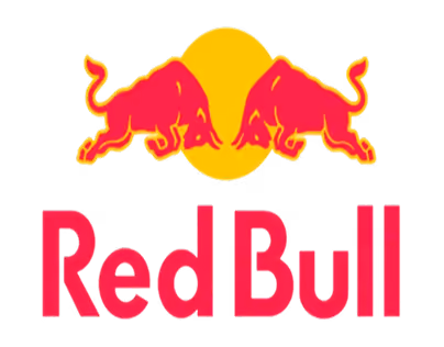 Red Bull logo with two red bulls facing each other and a yellow circle behind them.