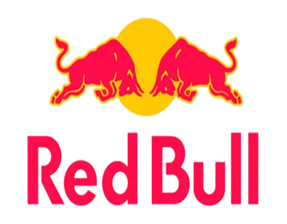 Red Bull logo with two red bulls facing each other and a yellow circle behind them.