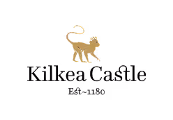 Kilkea Castle logo with a crowned lion icon above the text on black background.