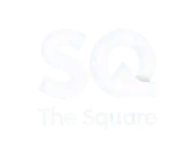 Logo with large letters SQ in white above the words The Square on black background.
