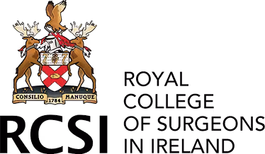 Logo of Royal College of Surgeons in Ireland featuring a crest with two deer and an owl.