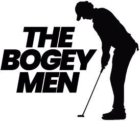 Silhouette of a person playing golf, bent over and holding a golf club near the ground.