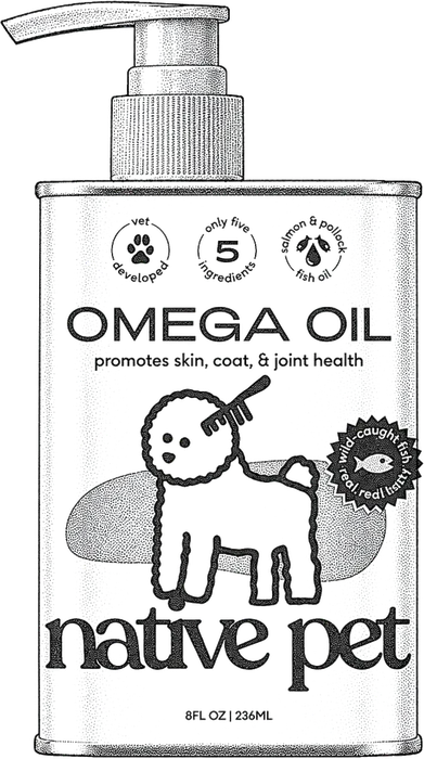 Stipple illustration of a pump bottle of omega oil supplement for dogs