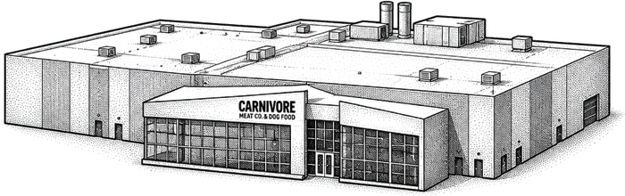 Stipple illustration of a pet food manufacturing plant