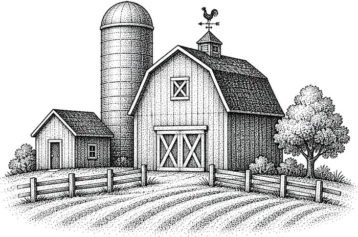 Stipple illustration of a barn and grain silo, representing ingredient sourcing