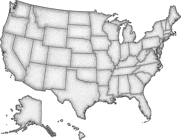 Stipple illustration of a map of the United States showing state boundaries, representing state-by-state feed registration
