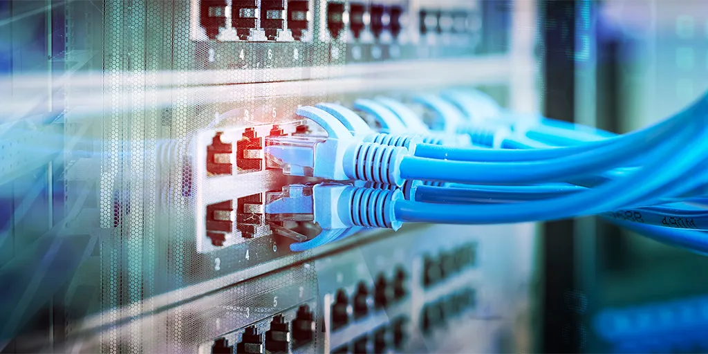 Several blue network cables plugged into server ports in a data center.