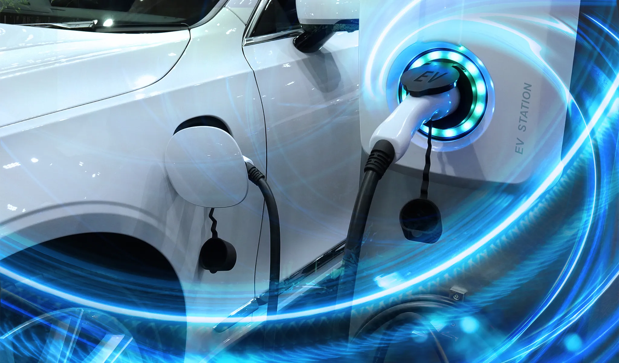 Electric car plugged into a charging station, with blue energy waves surrounding the scene.