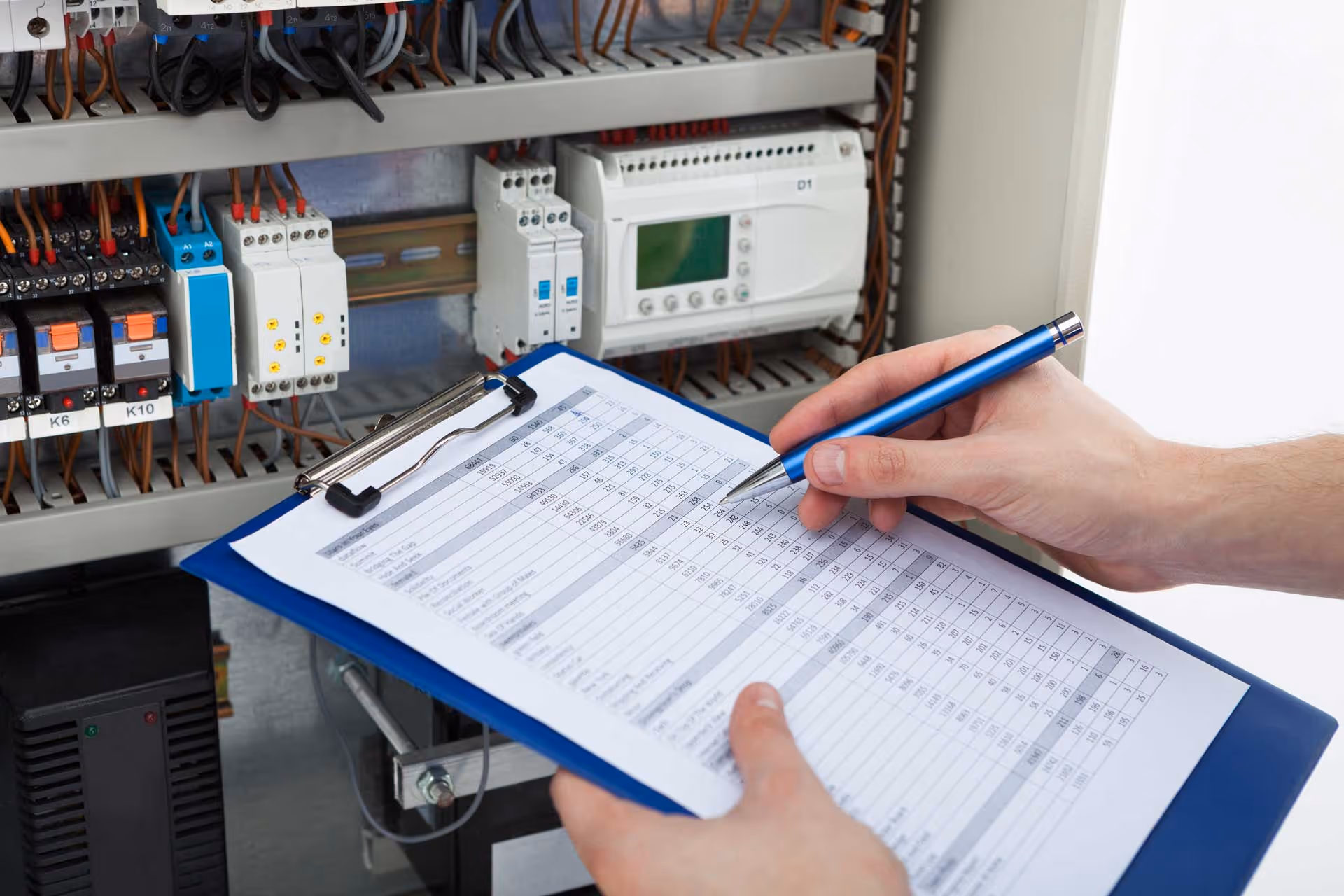 A person is marking a checklist with a pen in front of an electrical panel.