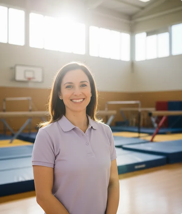 Smiling woman in a light purple polo shirt standing in a bright gymnasium with gymnastics equipment in the background.
