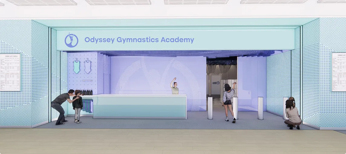 Front view of Odyssey Gymnastics Academy reception area with staff at desk, a parent with child, and two people near entrance gates.