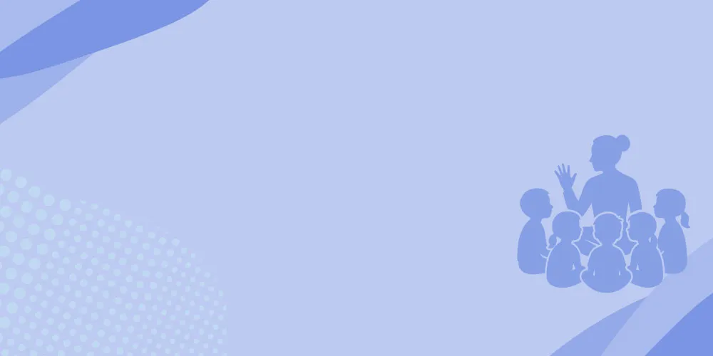 Silhouettes of a teacher sitting with five children in a circle on a blue abstract background.