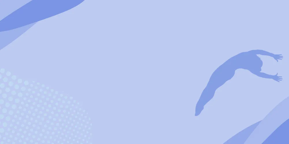 Blue silhouette of a diver in mid-air on a light blue background with abstract wave and dot patterns.