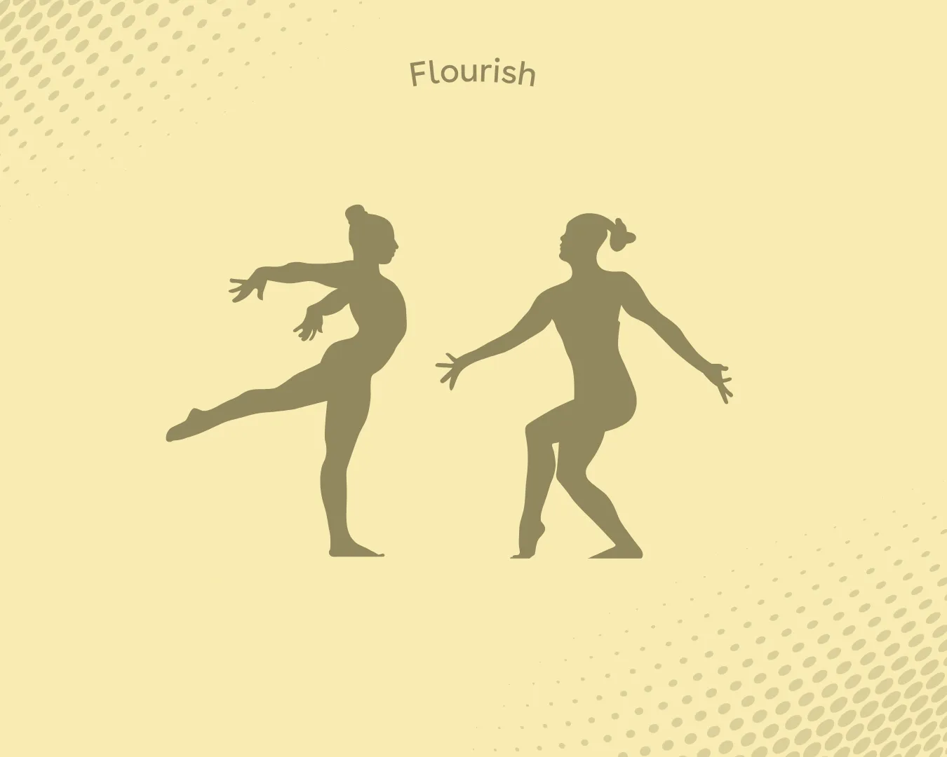 Silhouettes of two dancers striking dynamic poses with the word 'Flourish' above them on a yellow background with dot patterns.