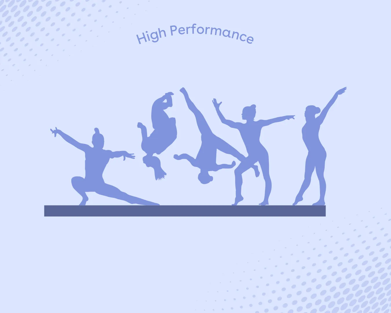 Silhouettes of five gymnasts performing various poses and flips on a balance beam with the text 'High Performance' above them.