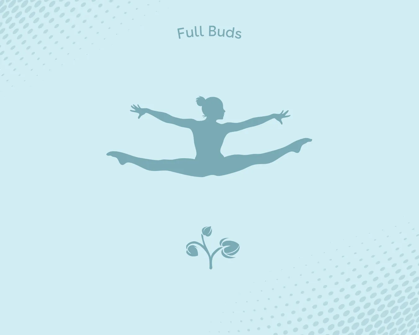 Silhouette of a dancer in a full split leap with arms extended on a light blue background with the text 'Full Buds' above and a small graphic of three flower buds below.