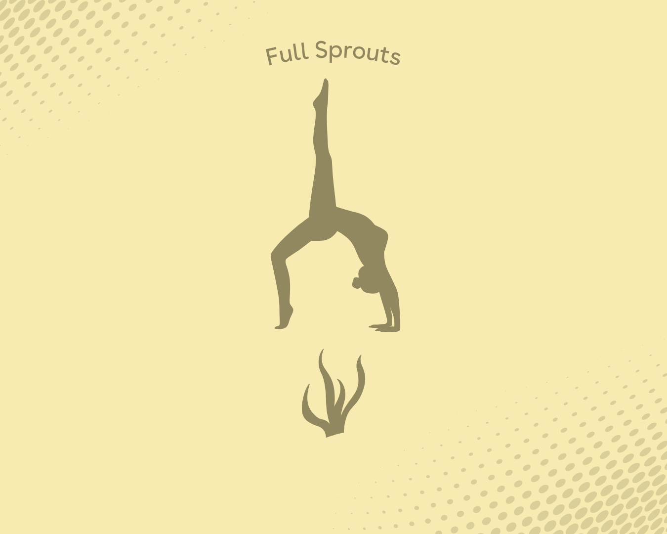 Silhouette of a person in a full sprout yoga pose with stylized plant below and the text 'Full Sprouts' above on a light yellow background.