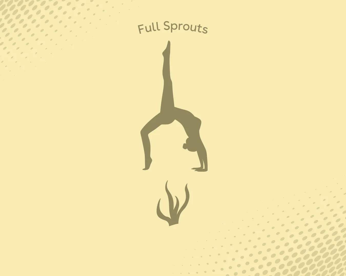 Silhouette of a person in a full sprout yoga pose with stylized plant below and the text 'Full Sprouts' above on a light yellow background.