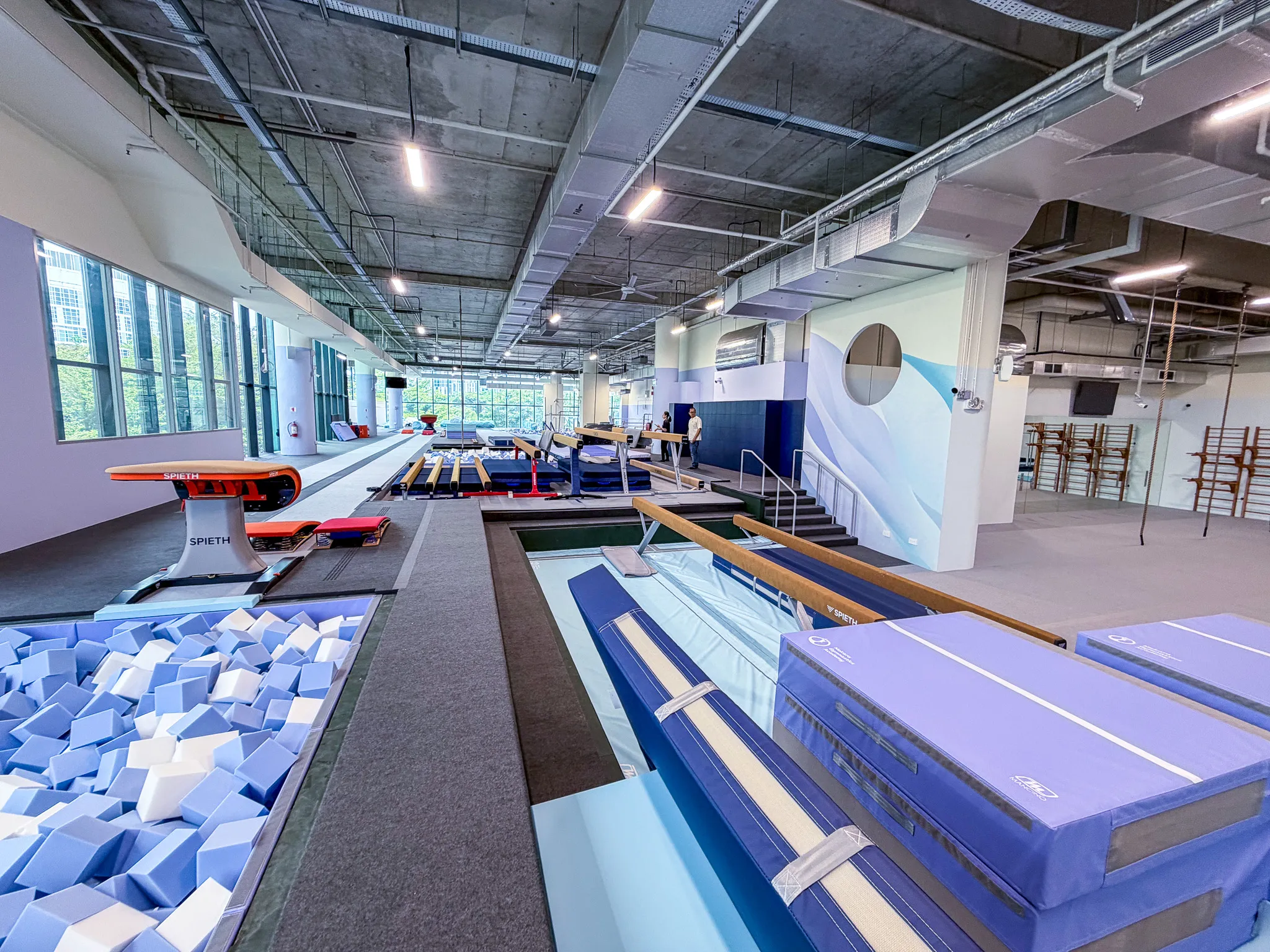 Image of Mokara Gymnastics facility showing the Vault into the foam pit and balance beams