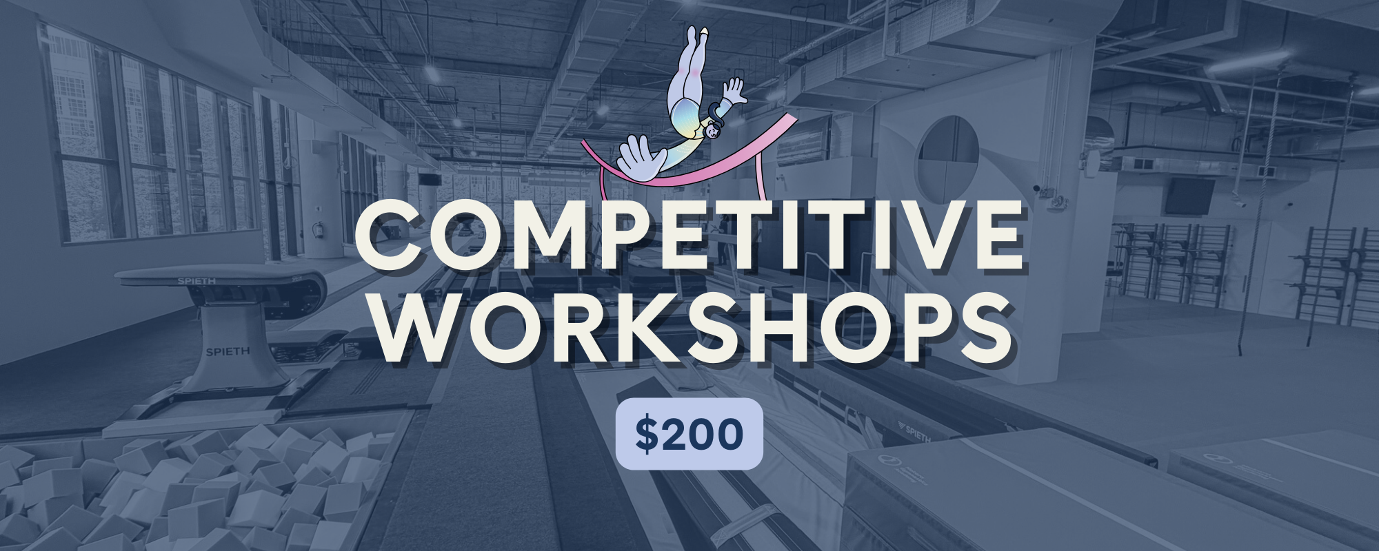 Children sitting on gym mats doing stretches with arms raised in a colorful play area.