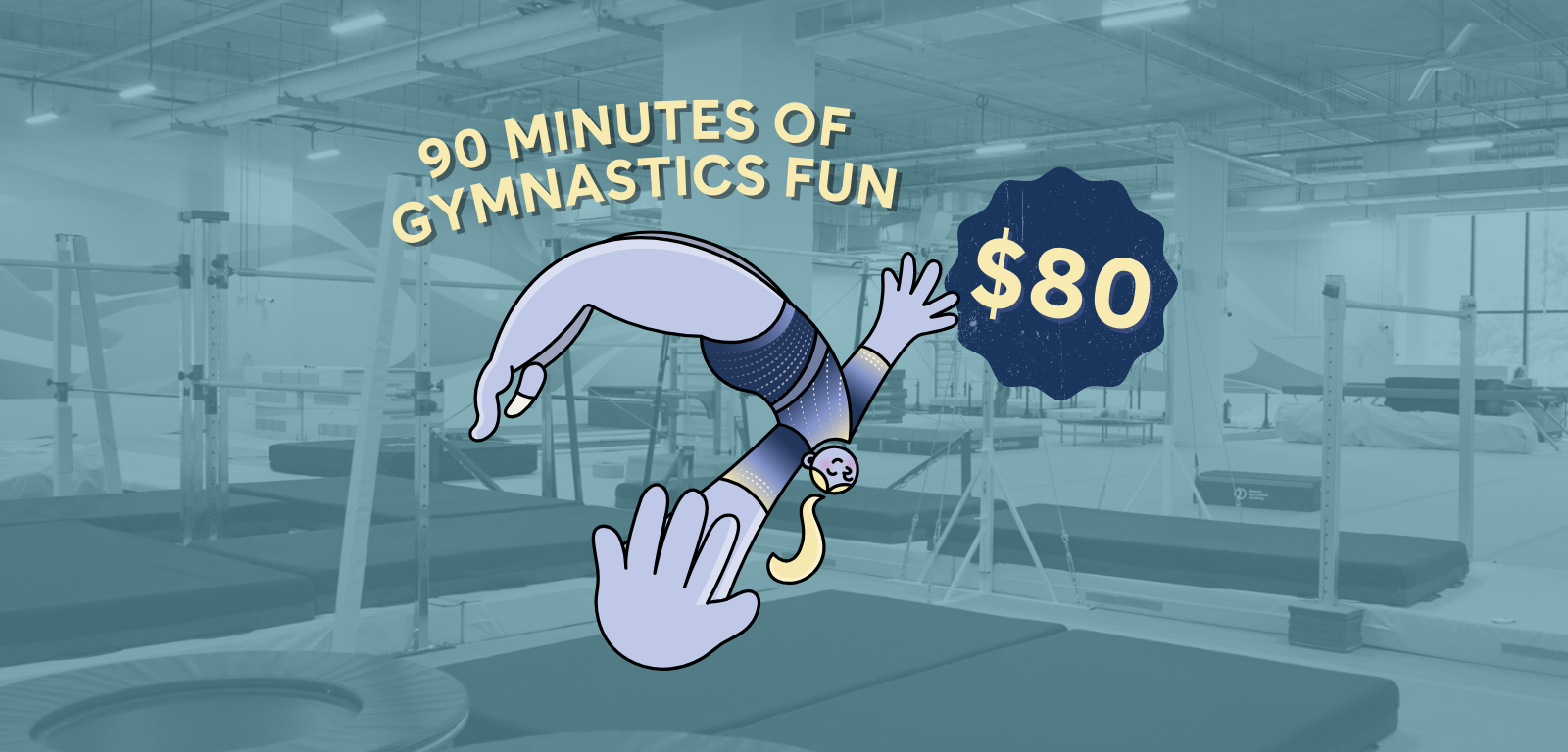 Female gymnast in a blue and black leotard performing a split leap mid-air during a competition.