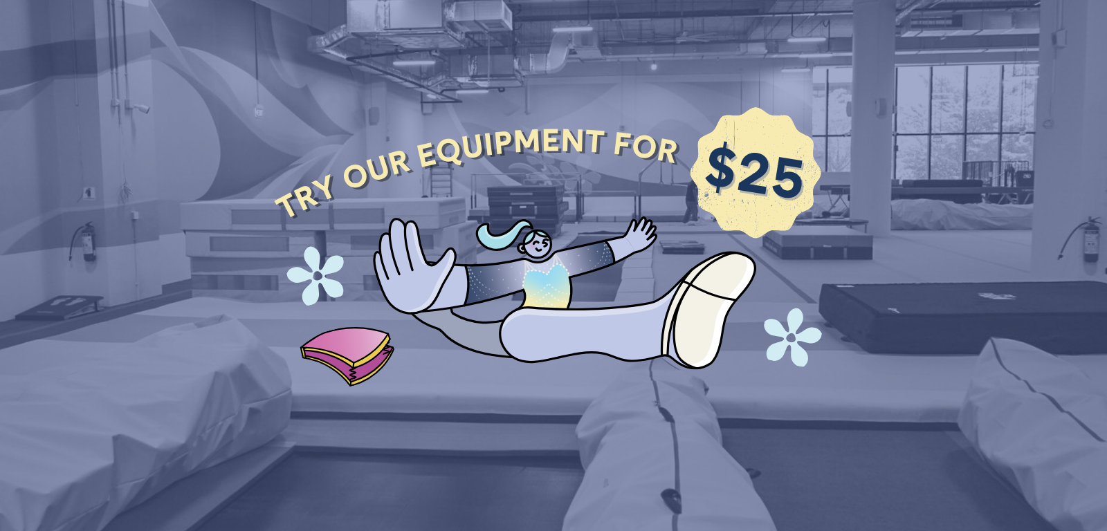 Female gymnast in a blue and black leotard performing a split leap mid-air during a competition.