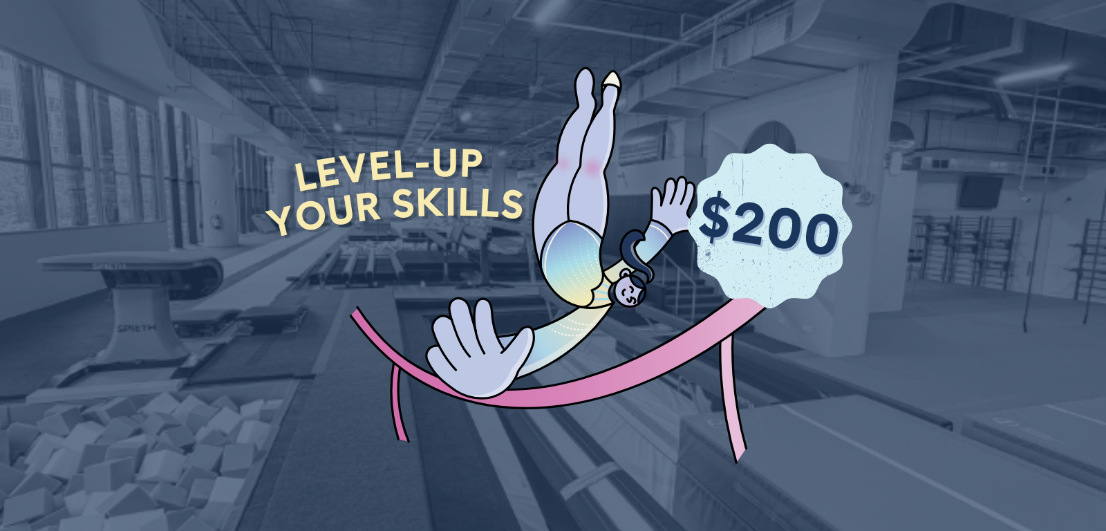 Female gymnast in a blue and black leotard performing a split leap mid-air during a competition.