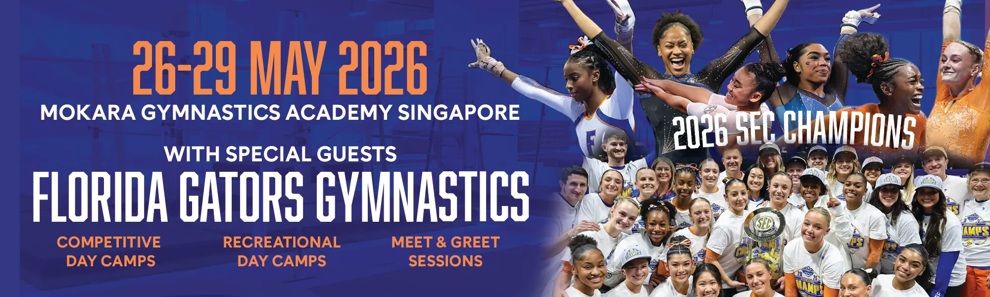 Promotional banner for Florida Gators Gymnastics visit to Mokara Gymnastics Academy Singapore from May 26-29, 2026, featuring group photos of gymnasts and text about competitive and recreational day camps and meet & greet sessions.