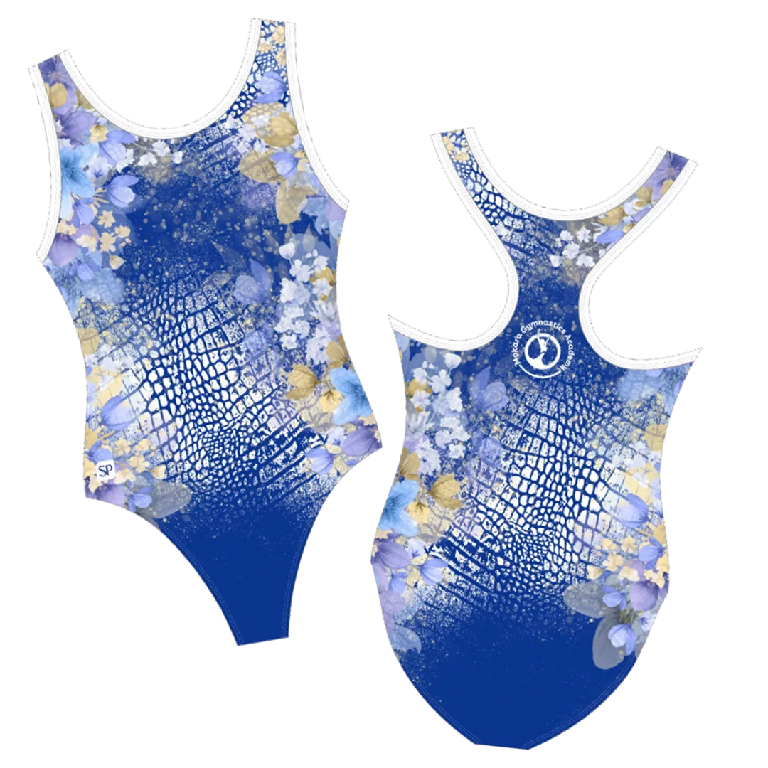 Front and back views of a blue floral-patterned gymnastics leotard with a textured design and racerback style.