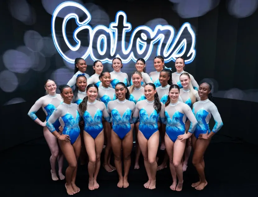 Gymnast performing an advanced handstand on parallel bars in an indoor gymnasium.