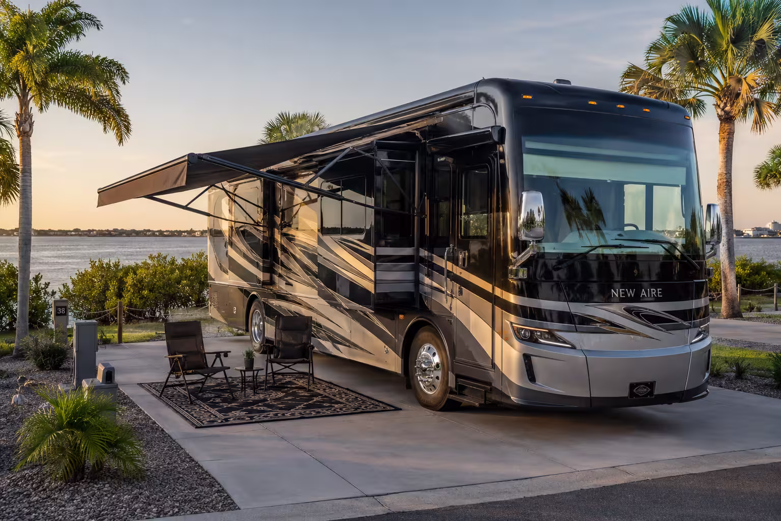 Class A luxury motorhome at a Punta Gorda waterfront RV resort