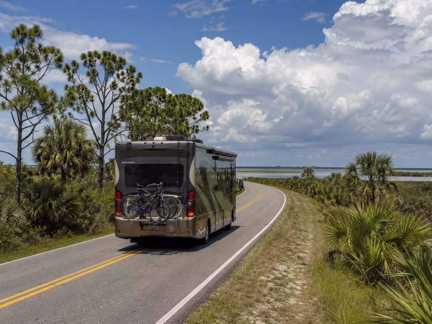 Class A motorhome on a Charlotte County road near the Gulf