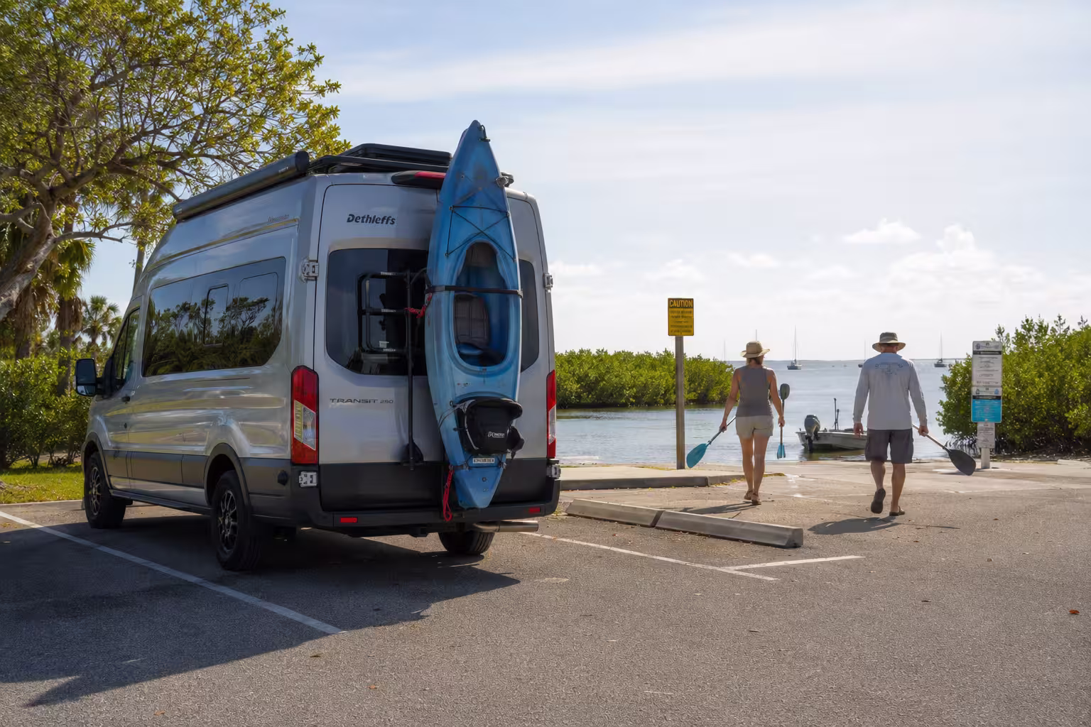 Class B motorhome parked at a Charlotte Harbor boat ramp