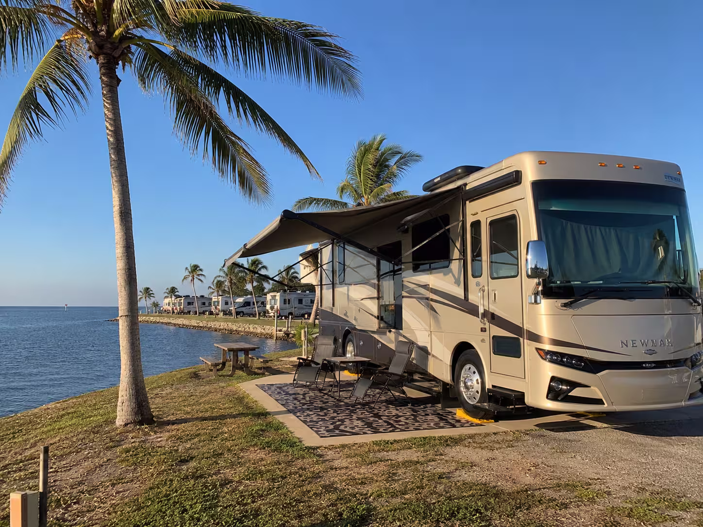 Camper set up at a waterfront RV park near Charlotte Harbor