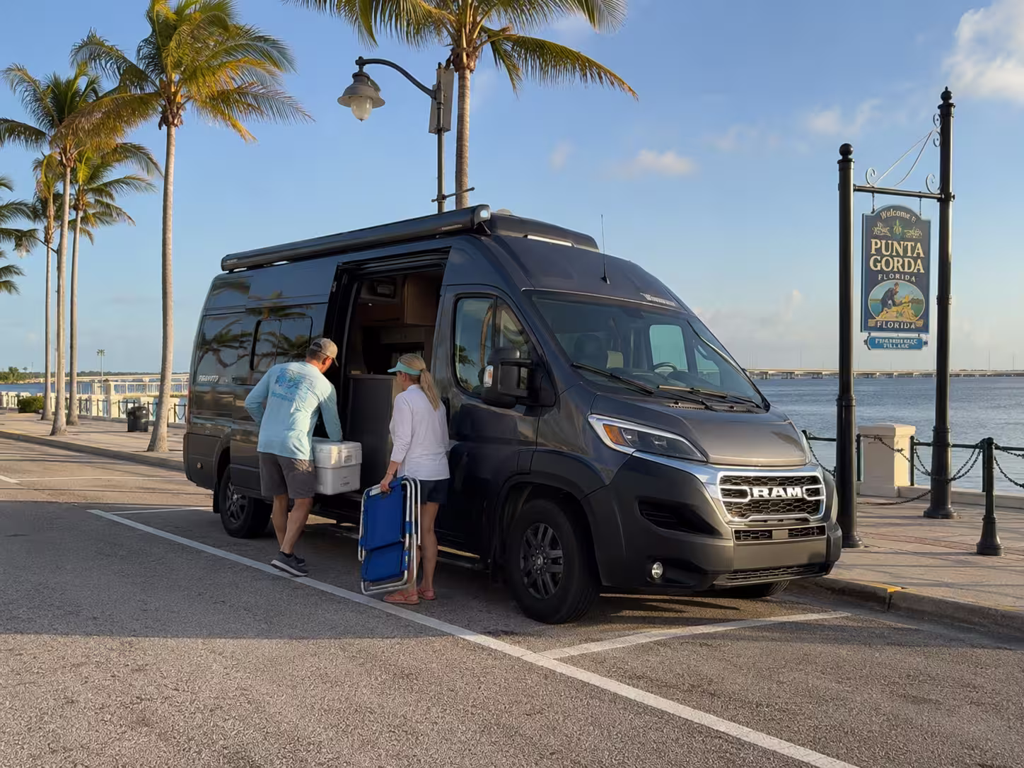 Camper van rental parked near the Punta Gorda waterfront