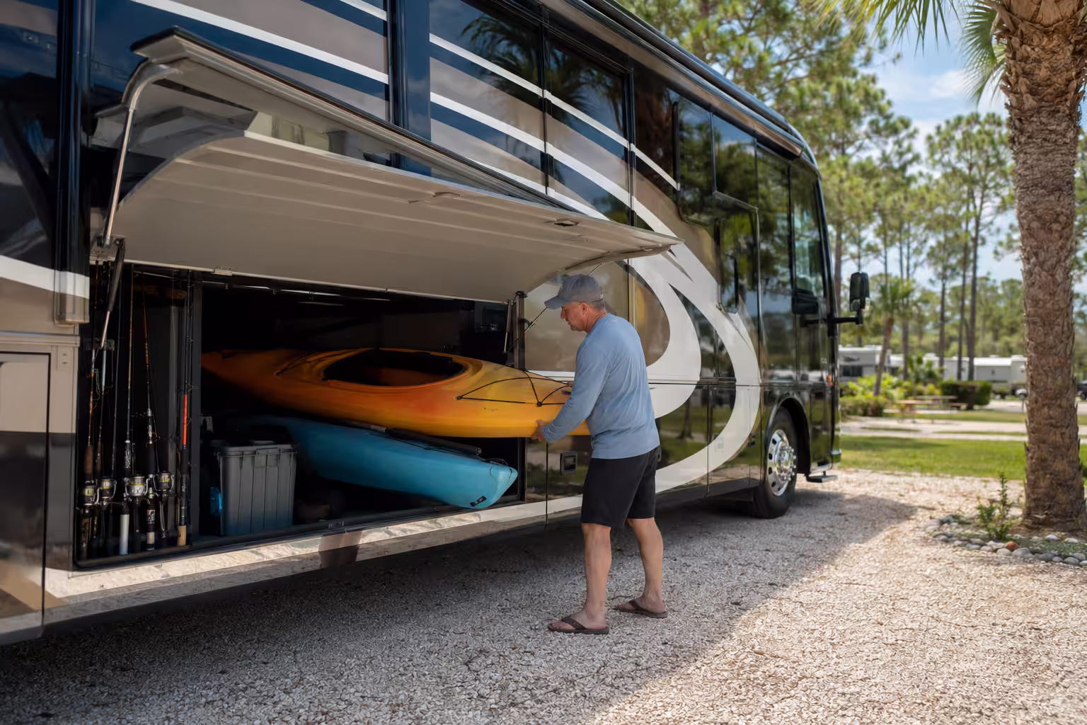 Renter loading kayaks into a motorhome storage bay in Punta Gorda